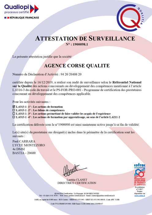 Attestation de surveillance